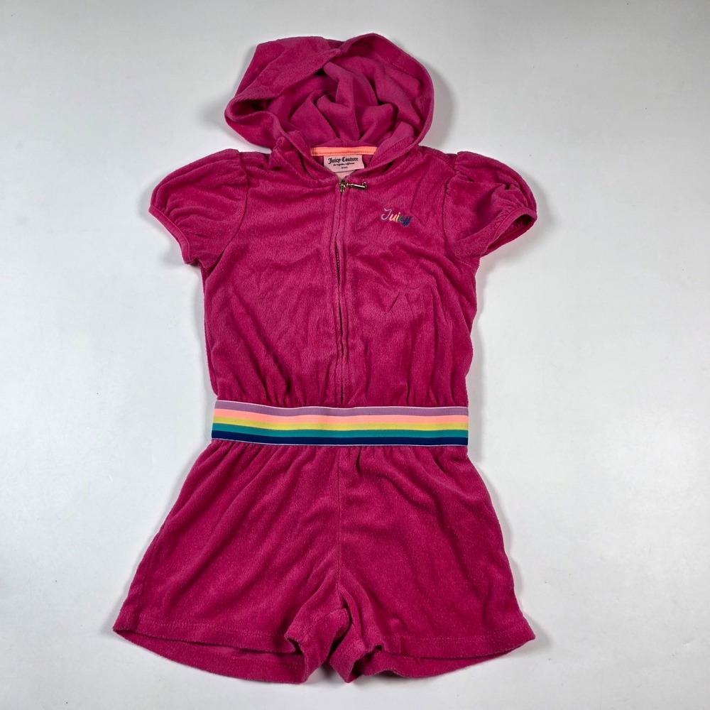 Juicy Couture Romper Girls Size 5 Pink Terry Cloth Hooded Rainbow Y2K Velour